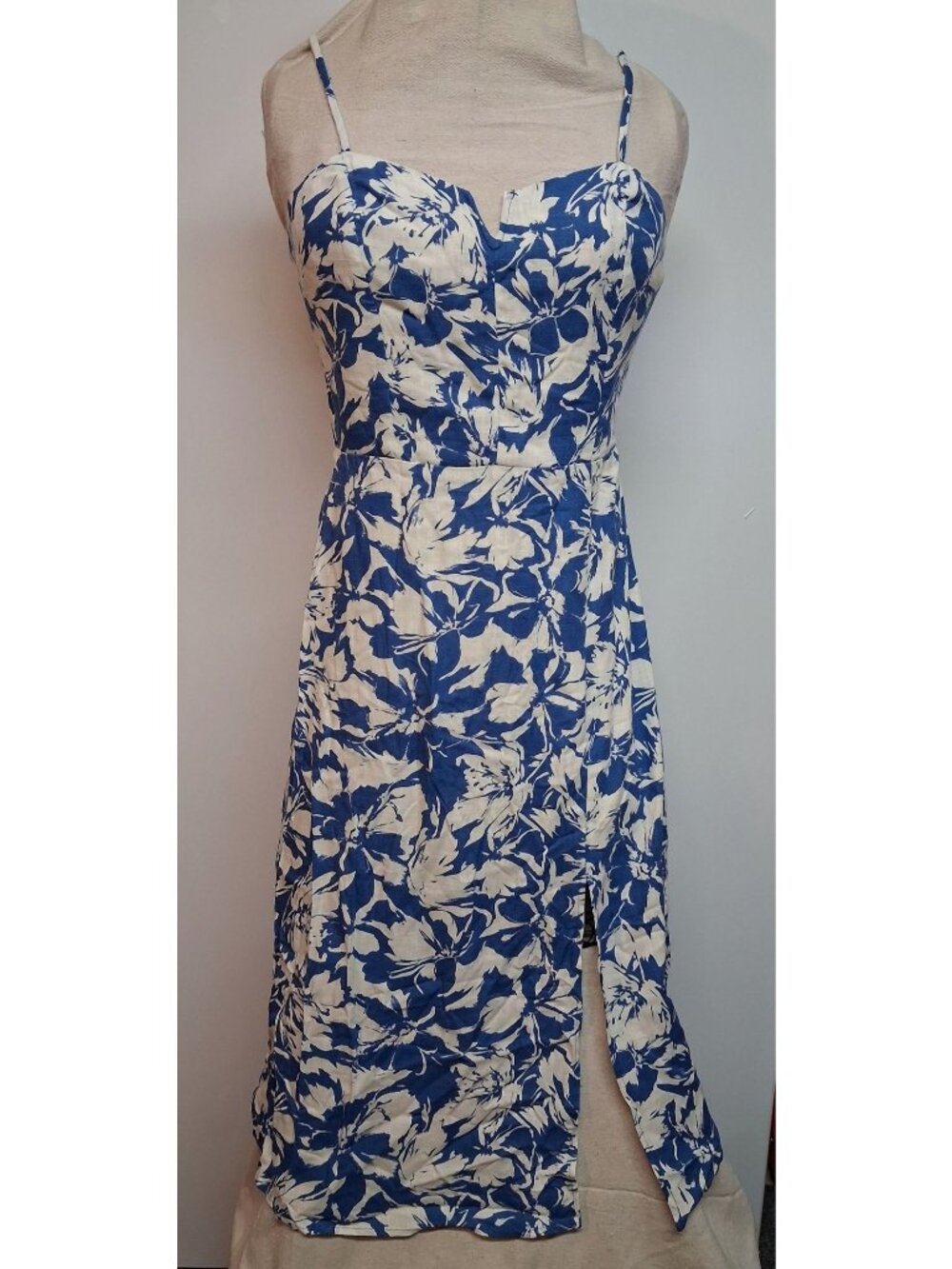Large Blue & White Floral Spaghetti Strap Midi Dress Side Slit Smocked Back By M